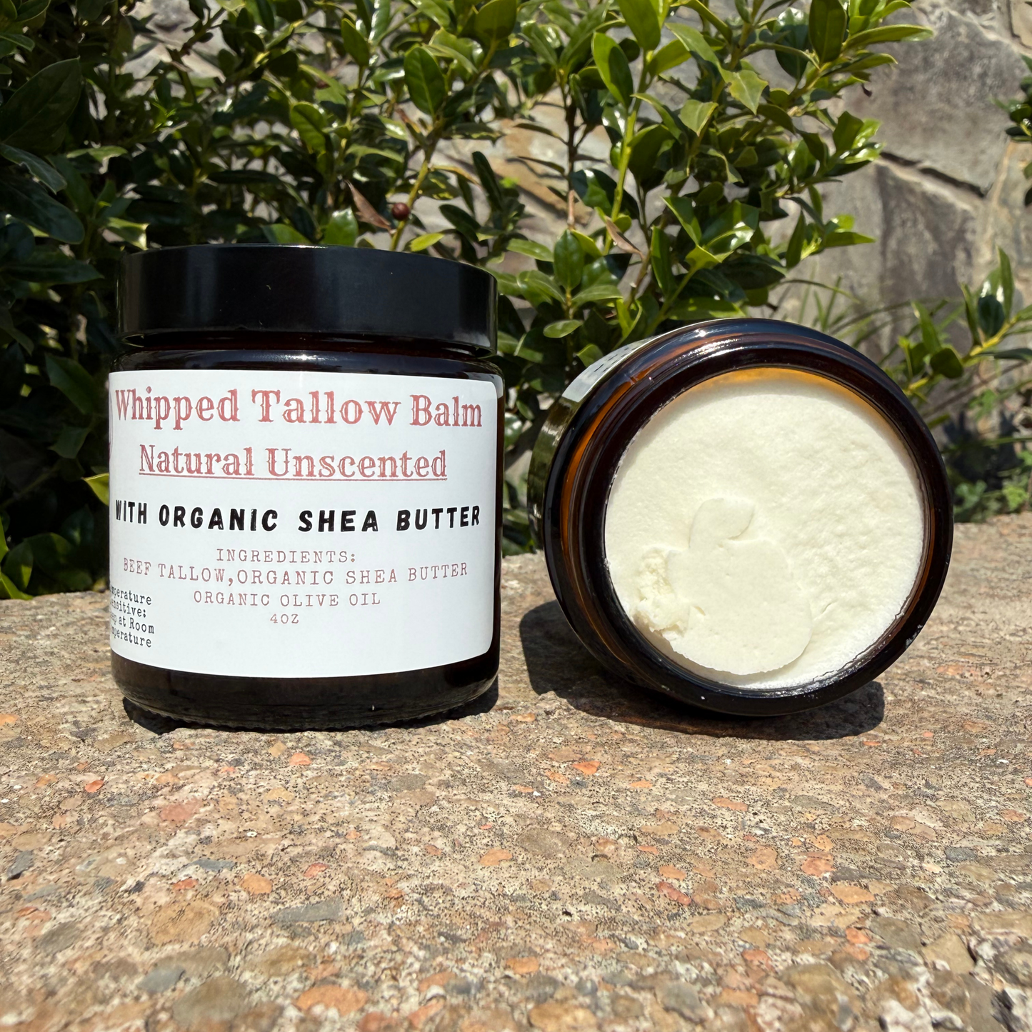Natural Unscented Shea Butter Whipped Tallow Balm — 4oz jar open showing creamy texture