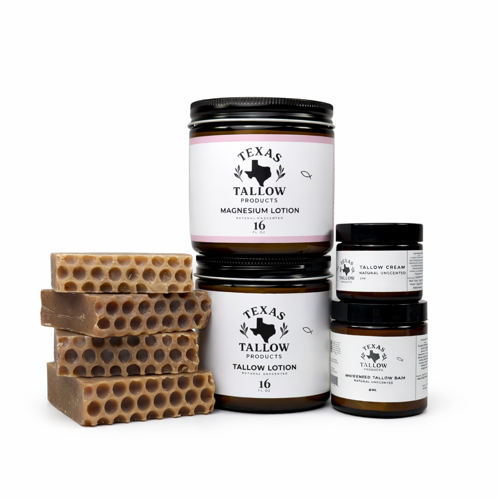 Texas Tallow Products tallow skincare set with lotion, cream and soap