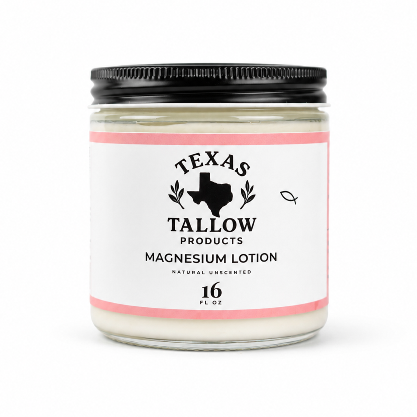 A glass jar lotion with a black metal lid and a white label reading 'Texas Tallow Products Magnesium Lotion' on a clean white background.